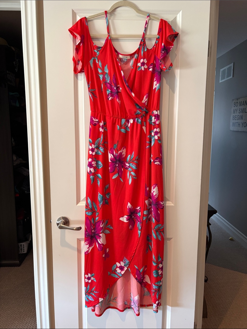 Red Floral High-Low Wrap Dress with Cold-Shoulder Detail